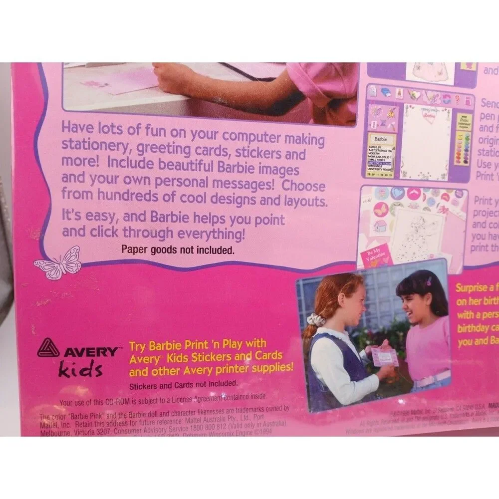 Mattel Barbie PRINT N' PLAY CD-ROM (1996) Sealed BIG Box PC Avery Computer Game